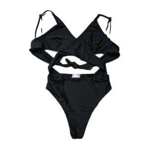 Qearal Black Cut Out One Piece Swimsuit Womens Wrap Tie Monokini Sz S EUC